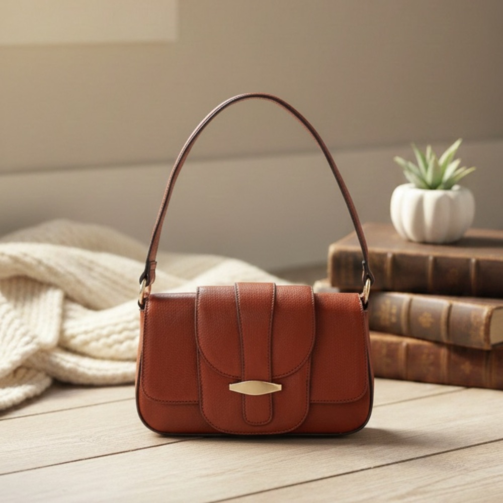 Time and Tru cognac and gold buckle‎ women shoulder bag